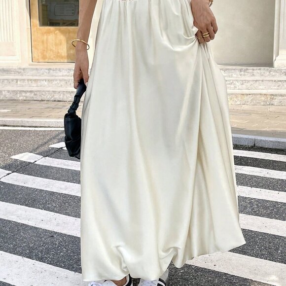 Beige Casual Women's Satin Pleated Bubble Long Skirt - Picture 2 of 13